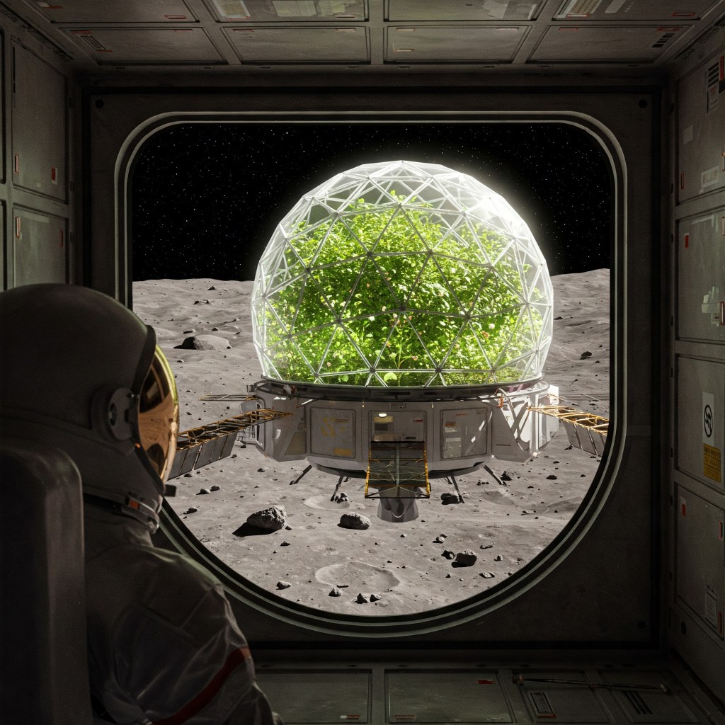 a.i.-generated image of a moon base including a planted biosphere. Image created using Bard Imagen 3