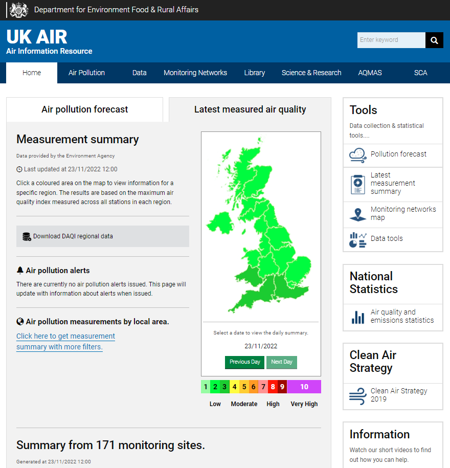 Screenshot of an air quality forecast for the UK