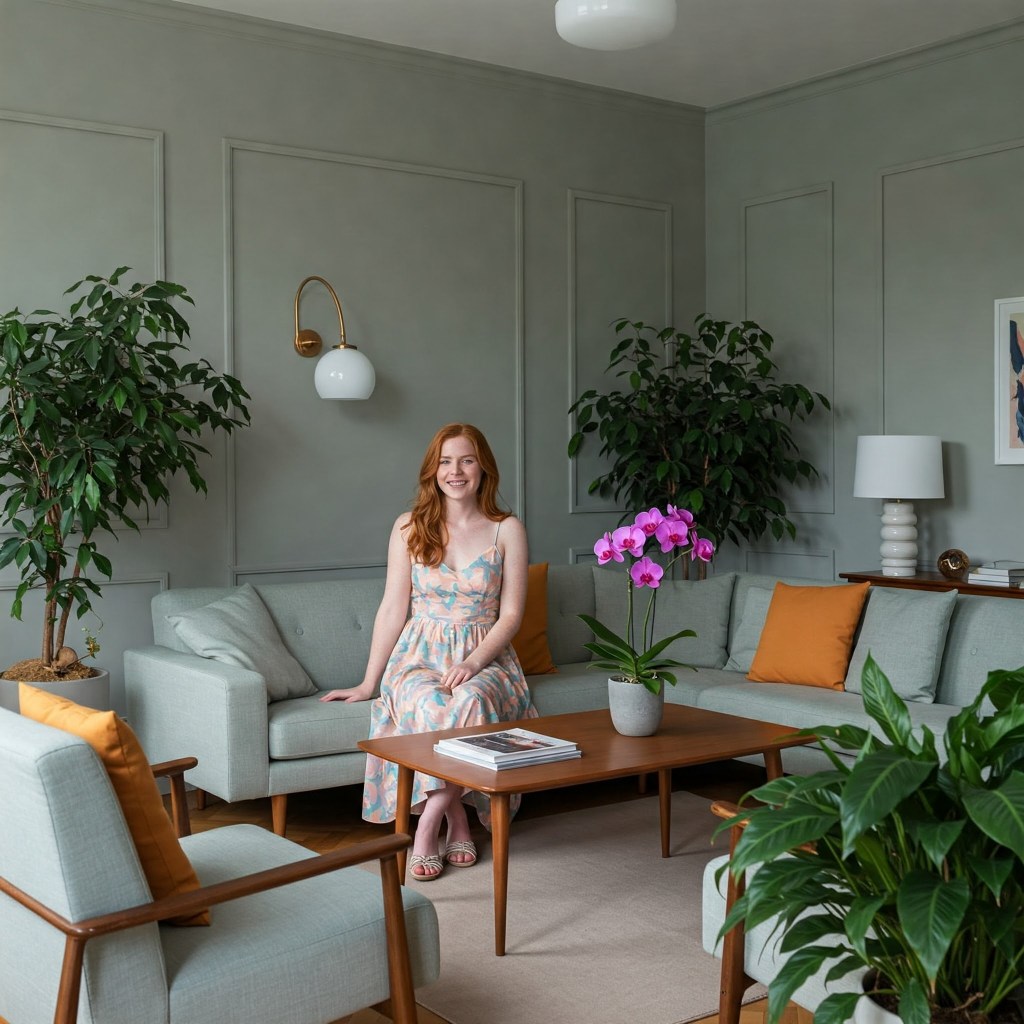 Image of a young woman in a contemporary domestic living room surrounded by houseplants.  Image generated by Bard Imagen ai