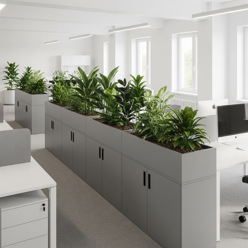 ai-generated images of a modern office with cabinet-top planting